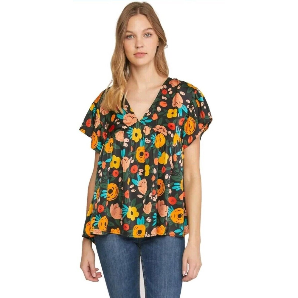 Entro Anthropologie Tropical Floral Ruffle Top Women's Size Medium Spring Summer